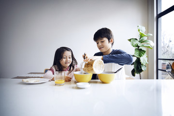 Siblings eating breakfast on table at home