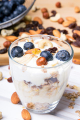 Healthy dessert with yogurt, nuts, oats and blueberries