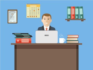 Web banner of an office worker. The man is an employee at work. Vector flat illustration