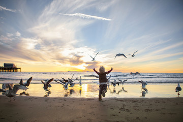 Rear view of girl playing with seagulls at beach against sky during sunset