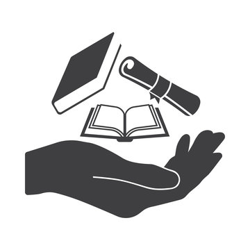 Hand With Diploma And Books Icon. Education Icon