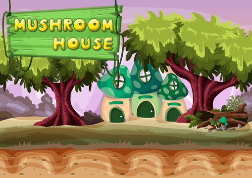Seamless cartoon vector mushroom house with separated layers for game and animation, game design asset