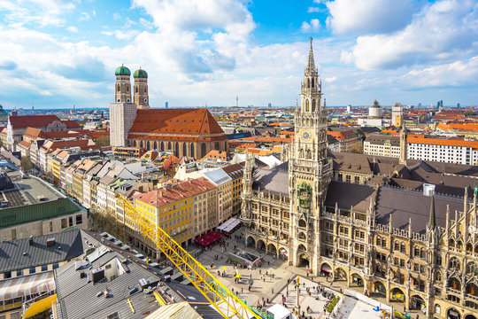 Aerial view of Marienplatz town hall and Frauenkirche in Munich,