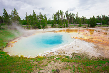 Beautiful cinematic view of nature landscape in the American West under the blue cloudy sky. Geyser.