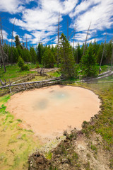 Beautiful cinematic view of nature landscape in the American West under the blue cloudy sky. Geyser.