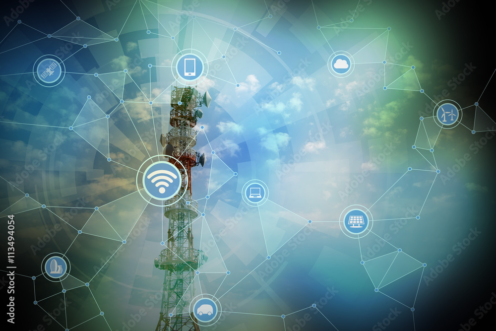 Aufkleber radio tower and wireless communication network, abstract image visual