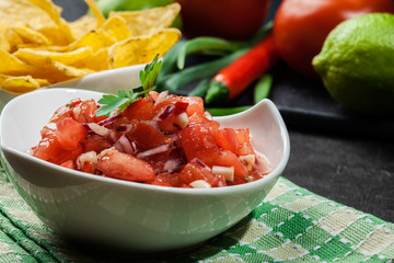 Bowl of fresh salsa with tortilla chips
