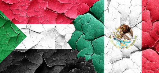 Sudan flag with Mexico flag on a grunge cracked wall