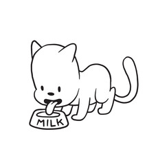 Vector cartoon image of a cute little black-white cat drinking milk from a bowl on a white background. Made in monochrome style. Positive character. Vector illustration.
