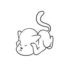 Vector cartoon image of a cute little black-white frightened cat lying and afraid of something on a white background. Made in monochrome style. Positive character. Vector illustration.