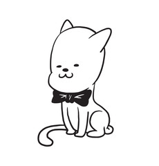 Vector cartoon image of a cute little black-white cat sitting with a bow tie around his neck and smiling on a white background. Made in monochrome style. Positive character. Vector illustration.