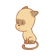 Vector cartoon image of a cute little beige-gray cat sitting with a sad expression on his face on a white background. Color image with a brown tracings. Kitten. Positive character. Vector illustration