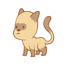 Vector cartoon image of a cute little beige-gray cat standing and smiling on a white background. Color image with a brown tracings. Kitten. Positive character. Vector illustration.