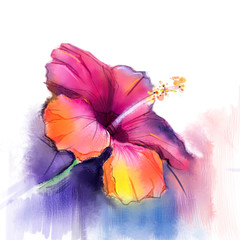 Fototapeta premium Abstract watercolor painting red Hibiscus flower on blue color background. Hand painted red floral water color. Sketch flower paint in pastel colors. Painted flower sketch 