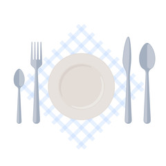 Flatware: empty plate with fork, spoons and knife on a table napkin. Flat illustration of kitchen utensils isolated on a white background. Vector cutlery elements for food infographics and booklets.