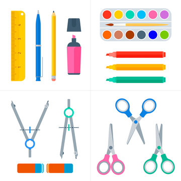 Education and school workplace supply set. Vector flat illustration of pupil stationery. Isolated on white background school objects and tools. Education workspace equipment. Web infographic elements.