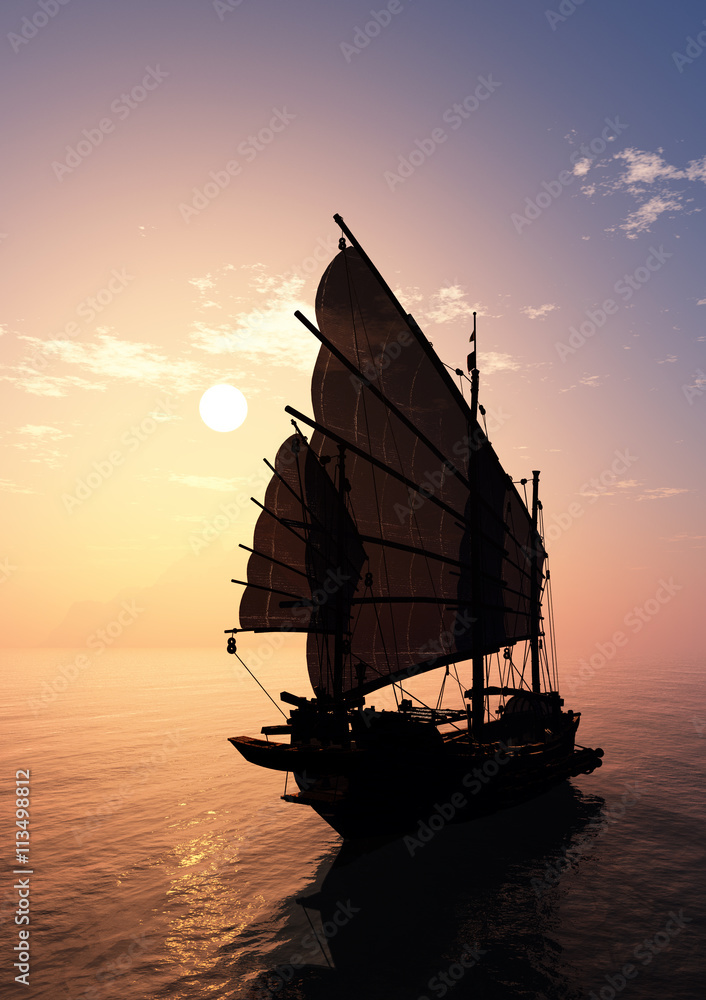 Wall mural old boat with sails on a colorful background lanshafty.3d render