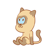 Fototapeta premium Vector cartoon image of a cute little beige-gray cat sitting and dreaming about something on a white background. Color image with a brown tracings. Kitten. Positive character. Vector illustration.