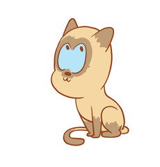 Obraz premium Vector cartoon image of a cute little beige-gray cat sitting with thoughtful expression on face on white background. Color image with a brown tracings. Kitten. Positive character. Vector illustration.