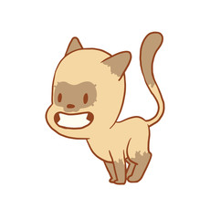 Obraz na płótnie Canvas Vector cartoon image of a cute little beige-gray cat standing and smiling from ear to ear on a white background. Color image with a brown tracings. Kitten. Positive character. Vector illustration.