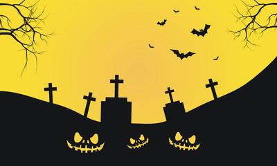 Halloween with graves and scary face silhouette