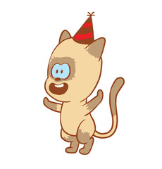 Vector cartoon image of a cute little beige-gray cat in a festive cap standing on hind legs on a white background. Color image with a brown tracings. Kitten. Positive character. Vector illustration.