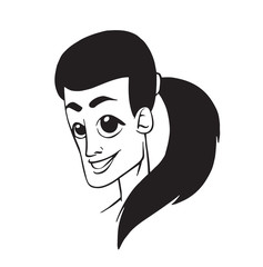 Vector cartoon image of a smiling woman's head with big eyes and dark hair gathered in a ponytail on a white background. Made in a monochrome style. Vector illustration.