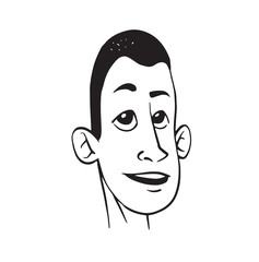 Vector cartoon image of a smiling man's head with big eyes and with short black hair on a white background. Made in a monochrome style. Vector illustration.