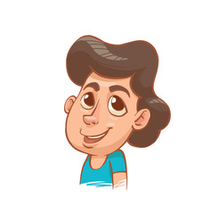 Vector cartoon image of a smiling little boy's head with big eyes and with wavy black hair on a white background. The color image with a brown stroke. Vector illustration.