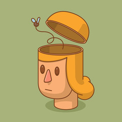 Vector cartoon image of the head of a woman with blond hair and with an open braincase from which flying out a fly on a green background. Empty head. Vector illustration.