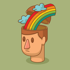 Vector cartoon image of the head of a man with brown hair and with an open braincase from which appears the rainbow and clouds on a green background. Love, feelings. Vector illustration.