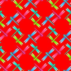Fototapeta na wymiar dragonfly green blue pink red seamless pattern