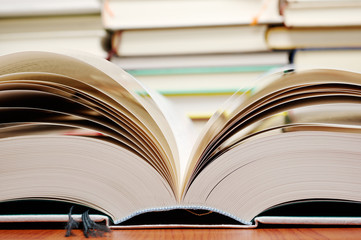 Close up of large book pages.
Large open book. Stack of books background.
