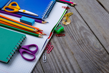 School supplies on a wooden table