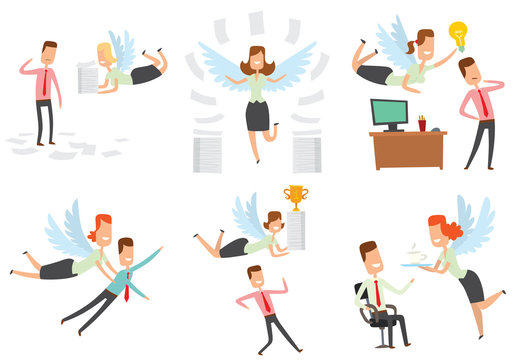 Vector set of cartoon images of businessmen with brown hair and office angels women, which helps in the office on a white background. Office, help, idea. Vector business illustration.