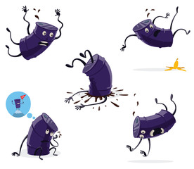 Vector set of cartoon images of funny purple barrels of black oil with arms and legs, had fallen and crashed on a white background. The theme of the fall of the price of a barrel of oil.