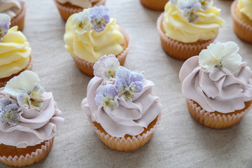 Obraz na płótnie Canvas Purple and yellow cupcakes with sugared edible flowers