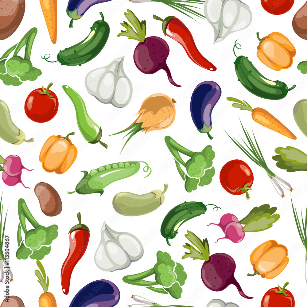 Wall mural Seamless vector pattern background of vegetables. Vegetable illustration food and design drawing vegetable for healthy - Wall murals