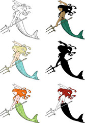 Set of beautiful elegant cartoon fantasy mermaid colorful and in black silhouette isolated on white