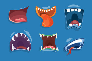 Cute monster mouths vector set. Monster expression funny, tongue and monster mouths with teeth illustration © MicroOne