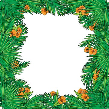 Palm leaves and flowers square frame