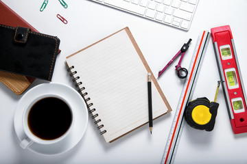 engineering objects on desk table. top view..