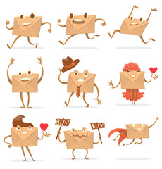 Vector set of cartoon images of different beige envelopes with eyes, arms and legs standing on a white background. Different types of letters. Icon e-mail. Vector illustration.