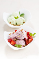 strawberry and pistachio ice cream, vertical
