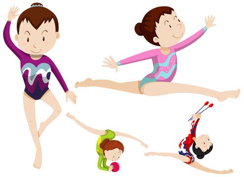 Women athletes doing gymnastics with objects