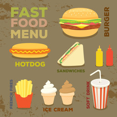 Illustration vector menu of fastfood drink and ice cream with gray brown background.Menu design.