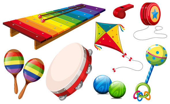Different kind of musical instruments and toys