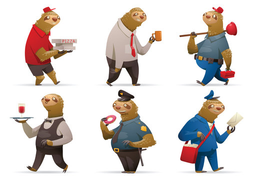 Vector set of cartoon images of cute sloths in different occupations: a pizza deliveryman, office worker, plumber, waiter, policeman and postman on a white background. Parody. Vector illustration.