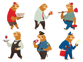 Vector set of cartoon images of cute sloths in different occupations: a pizza deliveryman, office worker, plumber, waiter, policeman and postman on a white background. Parody. Made in flat style.