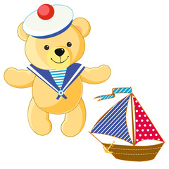 Naklejka premium Toy teddy bear seaman, textile boat, sailboat. Summer, sea, vacation, holiday.